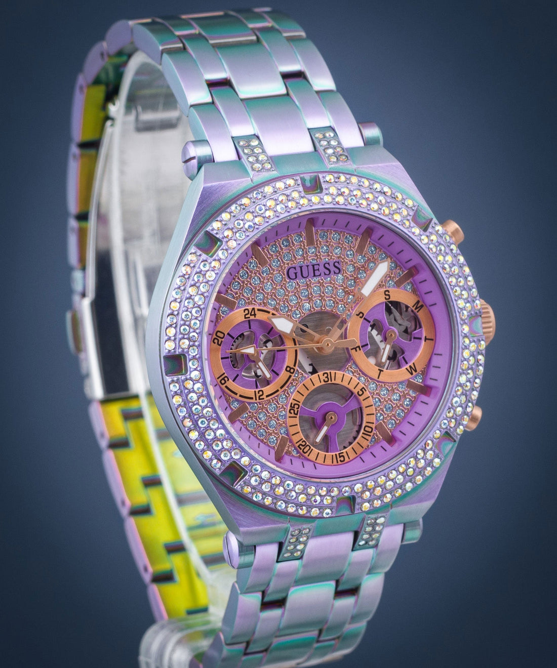 Guess Heiress Multifunction Diamonds Purple Dial Purple Steel Strap Watch for Women - GW0440L3