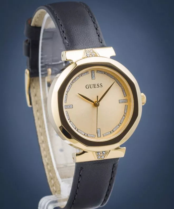 Guess Rumour Quartz Gold Dial Black Leather Strap Watch For Women - GW0689L2