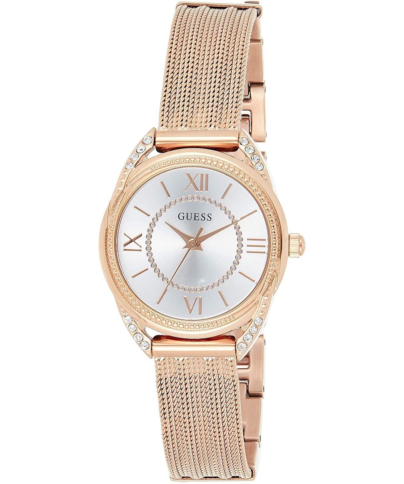 Guess Whisper Silver Dial Rose Gold Mesh Bracelet Watch for Women - W1084L3
