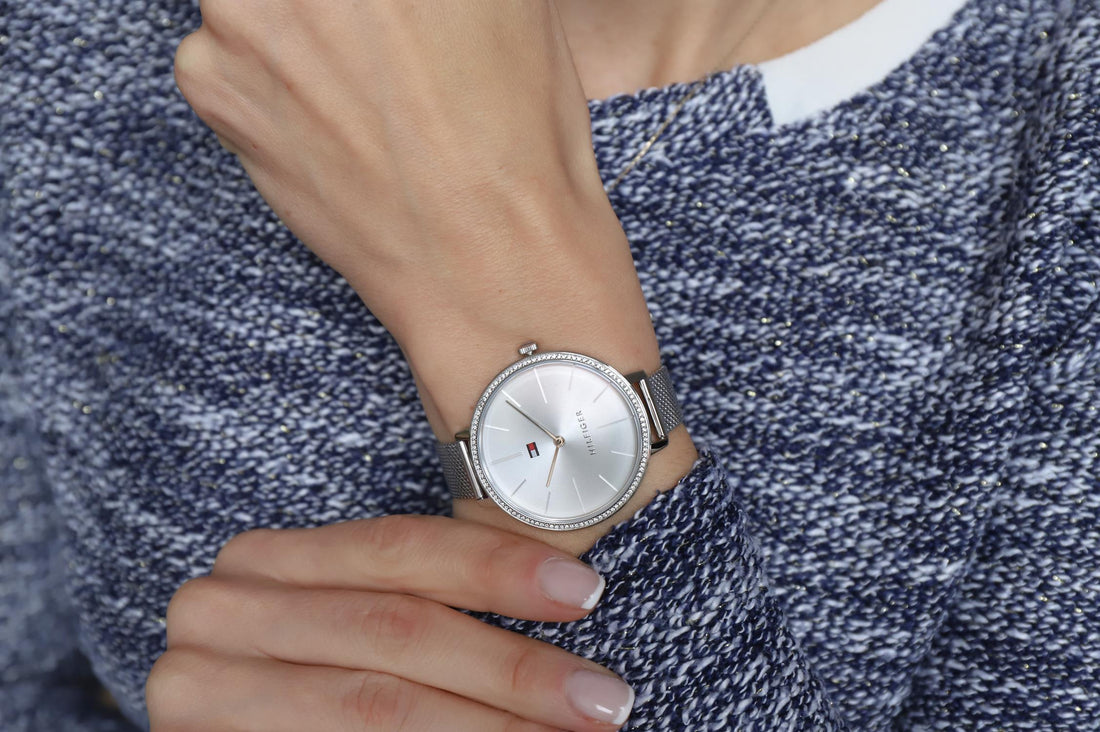 Tommy Hilfiger Angela Silver Dial Cream Leather Strap Watch for Women - 1782123