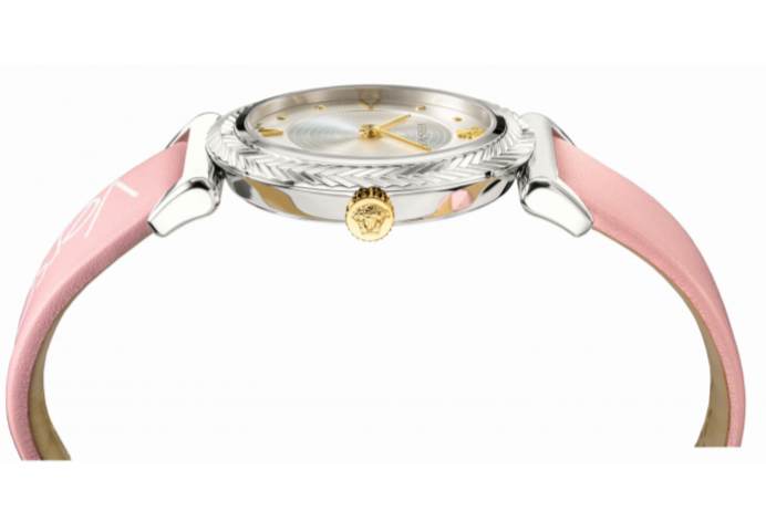 Versace V-Motif Silver Dial Pink Leather Strap Watch for Women - VERE00118