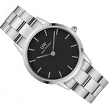 Daniel Wellington Iconic Link Black Dial Silver Steel Strap Watch for Women - DW00100204