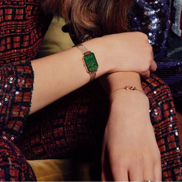 Daniel Wellington Quadro Melrose Green Dial Rose Gold Mesh Strap Watch For Women - DW00100437