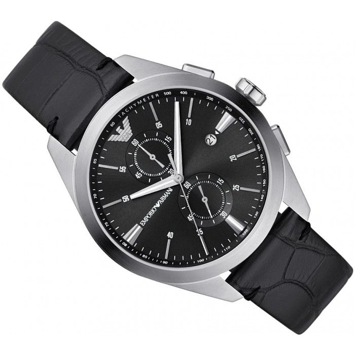 Emporio Armani Claudio Chronograph Black Dial Black Leather Strap Watch For Men - AR11542