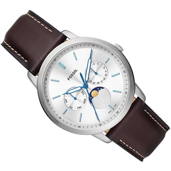 Fossil Neutra Minimalist Moonphase Silver Dial Brown Leather Strap Watch for Men - FS5905
