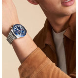 Fossil Sport Tourer Chronograph Blue Dial Silver Steel Strap Watch for Men - FS6047