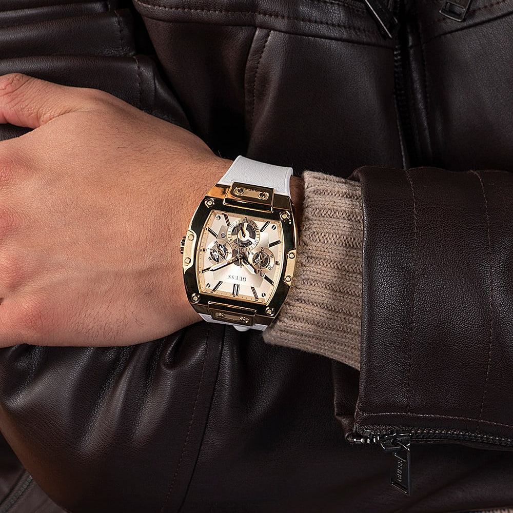 Guess Phoenix Multifunction Gold Dial White Leather Strap Watch for Men - GW0202G6