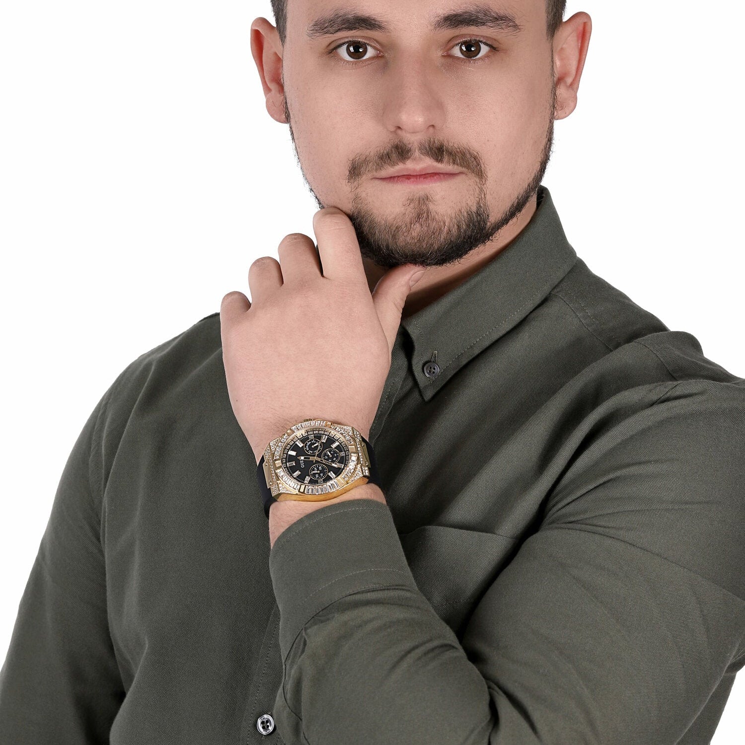 Guess Zeus Chronograph Diamonds Black Dial Black Silicone Strap Watch For Men - GW0208G2