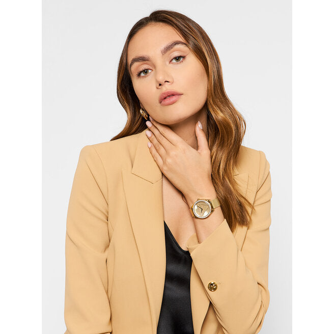 Guess Tri Glitz Quartz Diamonds Gold Dial Gold Mesh Bracelet Watch For Women - W1142L2