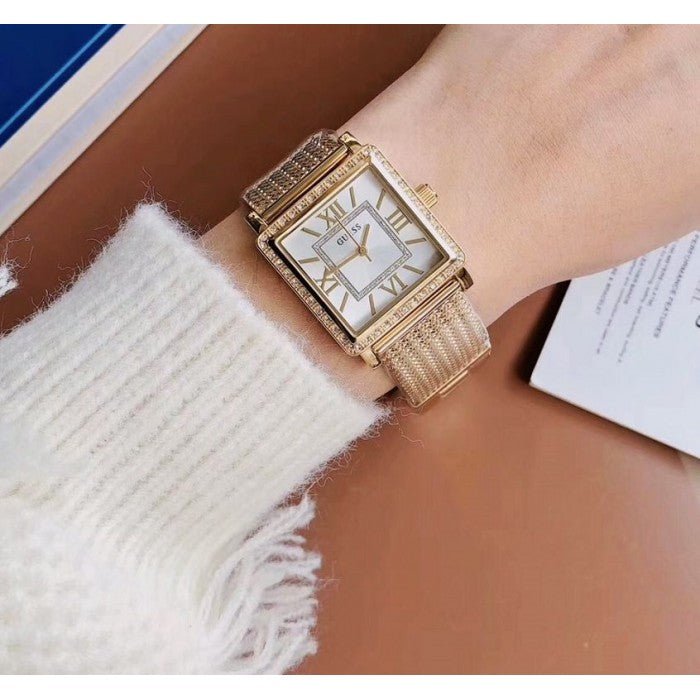 Guess White Dial Gold Mesh Bracelet Watch For Women - W0826L2