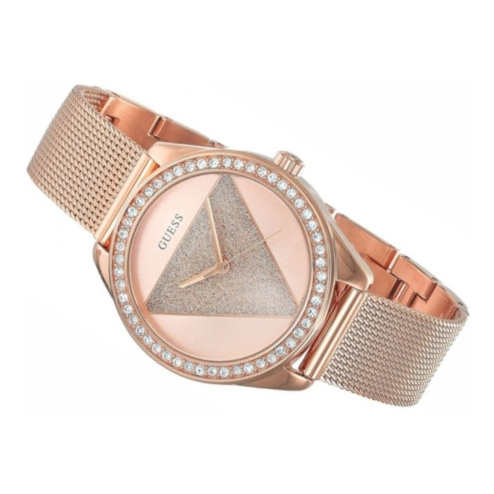 Guess Tri Glitz Quartz Diamonds Rose Gold Dial Rose Gold Mesh Bracelet Watch For Women - W1142L4
