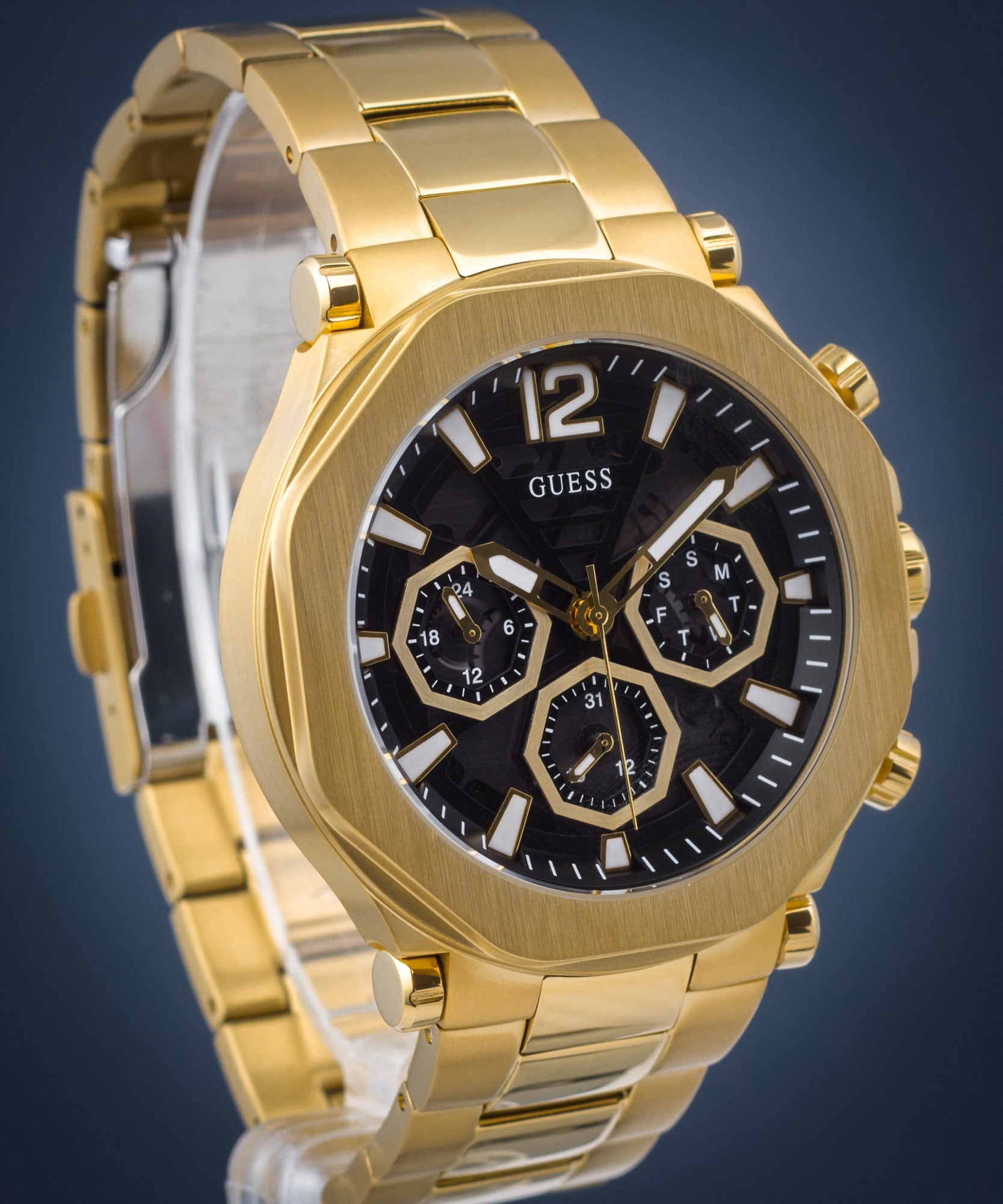 Guess Edge Chronograph Black Dial Gold Steel Strap Watch For Men - GW0539G2