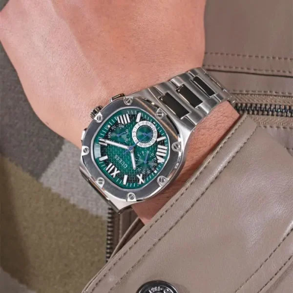 Guess Headline Quartz Green Dial Silver Steel Strap Watch For Men - GW0572G6
