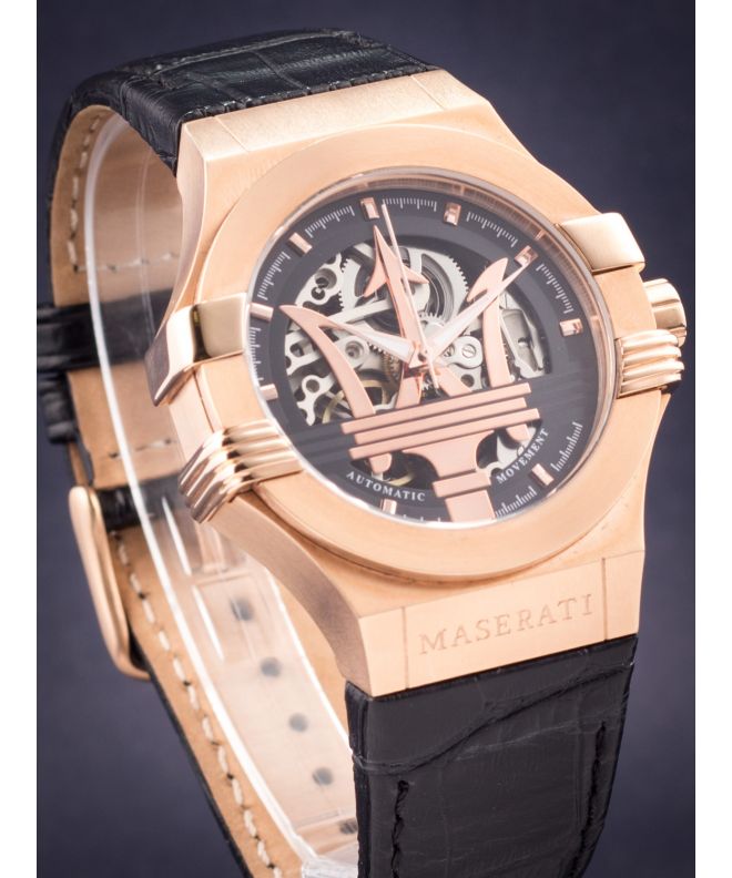 Maserati Potenza Automatic Rose Gold Dial Black Leather Strap Watch For Men - R8821108002