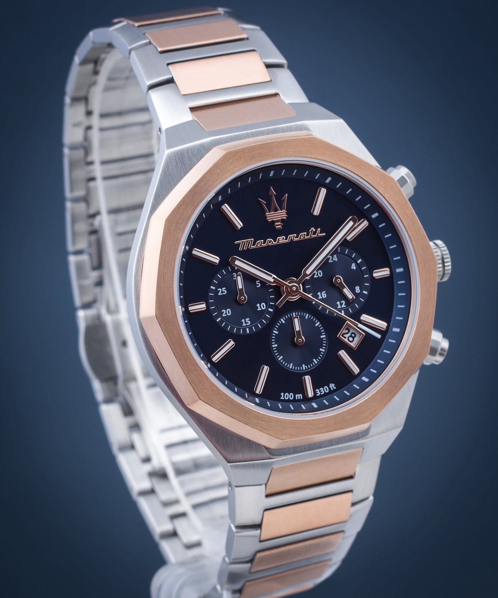 Maserati Stile Chronograph Blue Dial Rose Gold Two Tone Strap Watch For Men - R8873642002