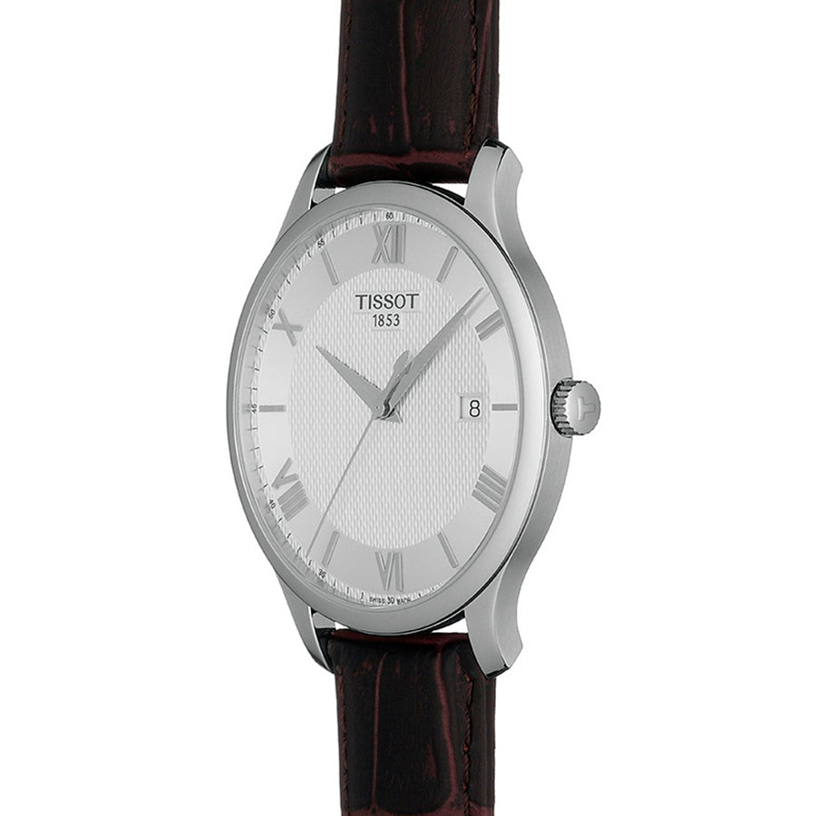Tissot T Classic Tradition Silver Dial Brown Leather Strap Watch For Men - T063.610.16.038.00
