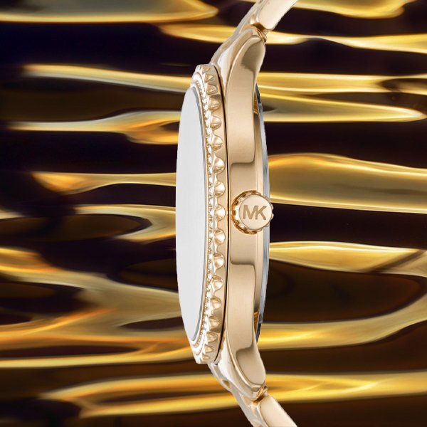 Michael Kors Layton Three Hand Mother of Pearl White Dial Gold Steel Strap Watch For Women - MK6870