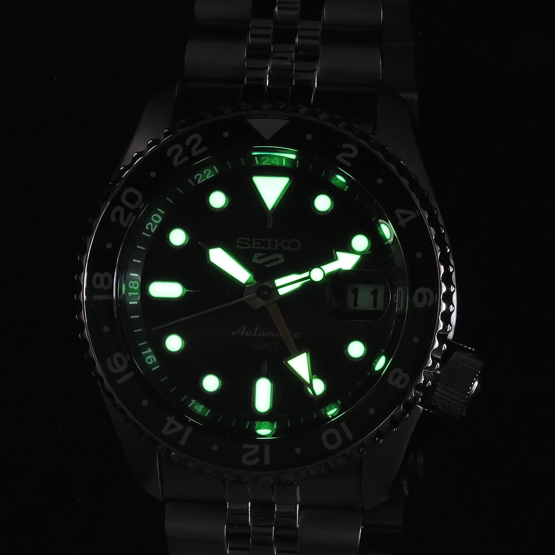 Seiko 5 Sports SKX GMT Automatic Green Dial Silver Steel Strap Watch For Men - SSK035K1