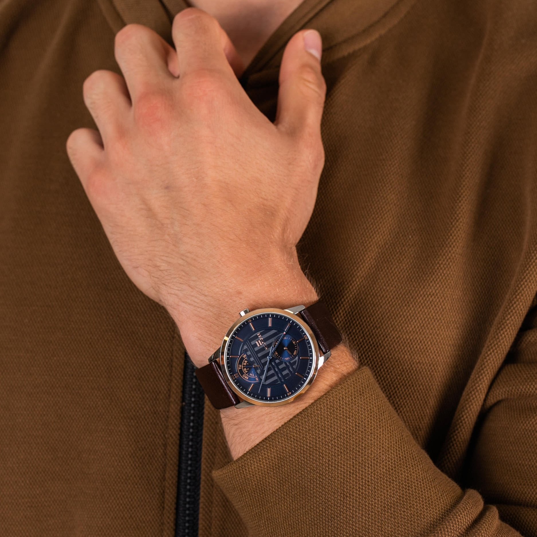 Tommy Hilfiger Hunter Blue Dial Brown Leather Strap Watch for Men - 1791605