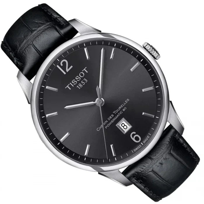 Tissot Chemin Des Tourelles Powermatic 80 Black Dial Black Leather Strap Watch For Men - T099.407.16.447.00