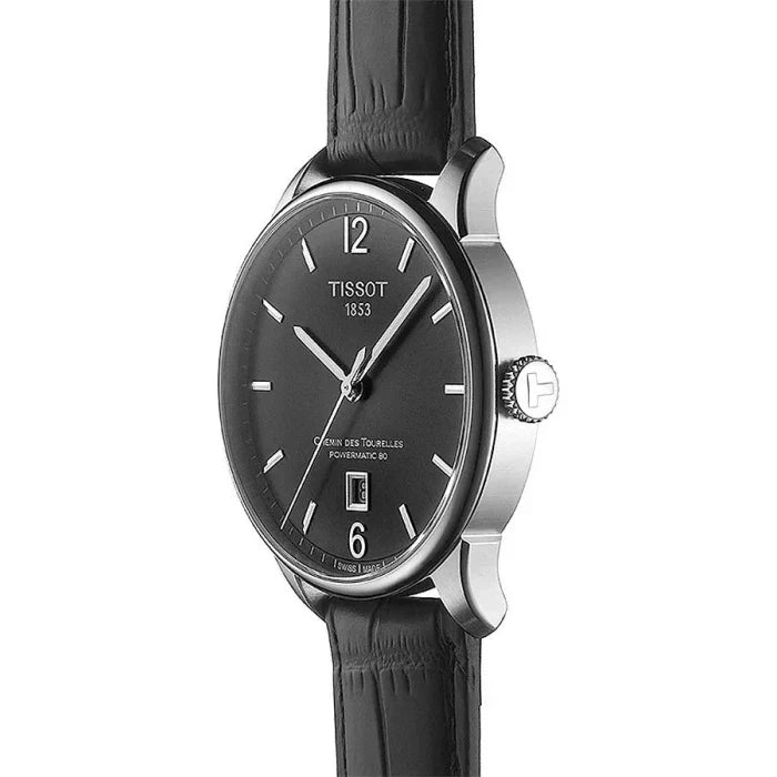 Tissot Chemin Des Tourelles Powermatic 80 Black Dial Black Leather Strap Watch For Men - T099.407.16.447.00