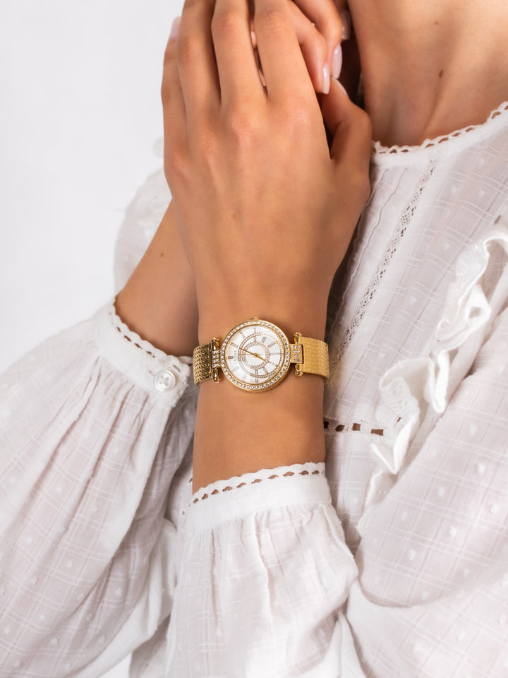 Guess Muse Crystals White Dial Rose Gold Steel Strap Watch For Women - W1008L2