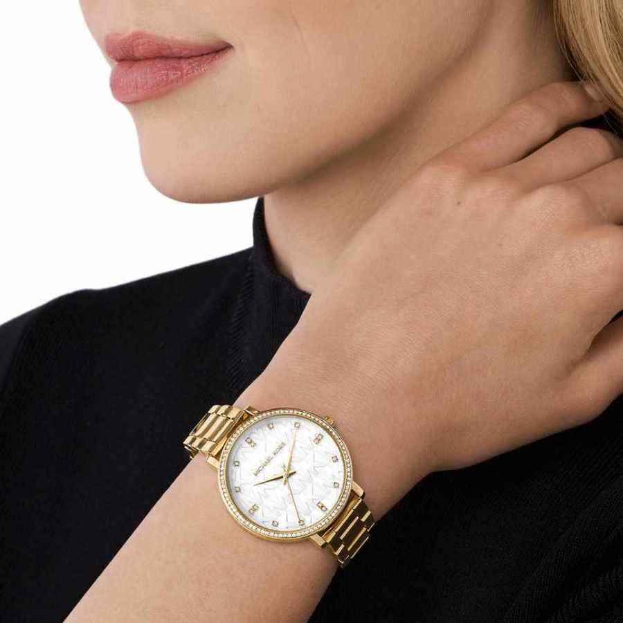 Michael Kors Pyper Three Hand White Dial Gold Steel Strap Watch For Women - MK4666